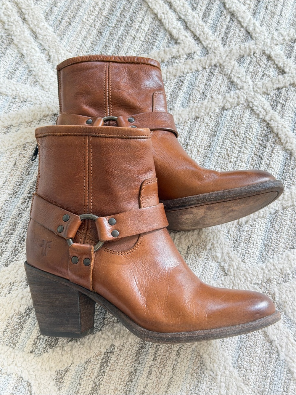 Frye Saddle Brown Leather Harness Heel Boots